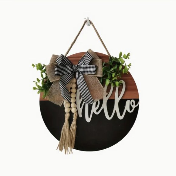 Hello Rustic Farmhouse Welcome Sign Buffalo Check Bow Wood Tassel Beads 11.8" - Picture 6 of 7